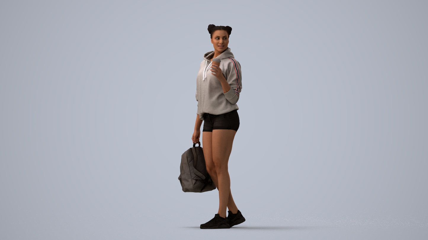realistic 3D woman casual walking, scanned archviz people for Blender and 3ds Max, three-quarter view render