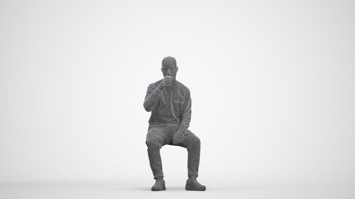 3D people model man casual sitting, scanned human for 3ds Max rendering, three-quarter front view render