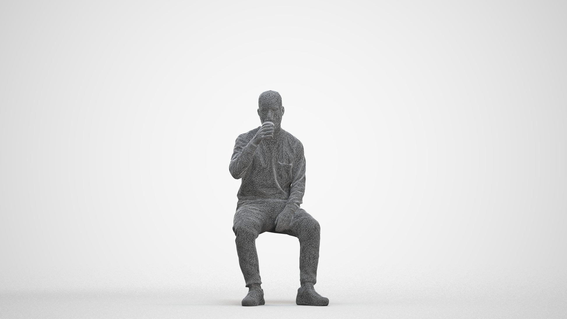 3D people model man casual sitting, scanned human for 3ds Max rendering, three-quarter front view render