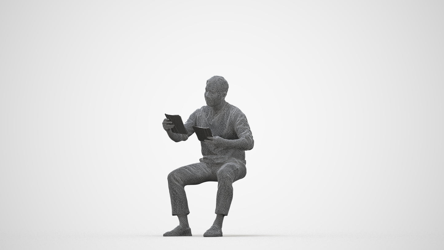 realistic 3D man casual sitting, scanned archviz people for Blender and 3ds Max, wireframe back view