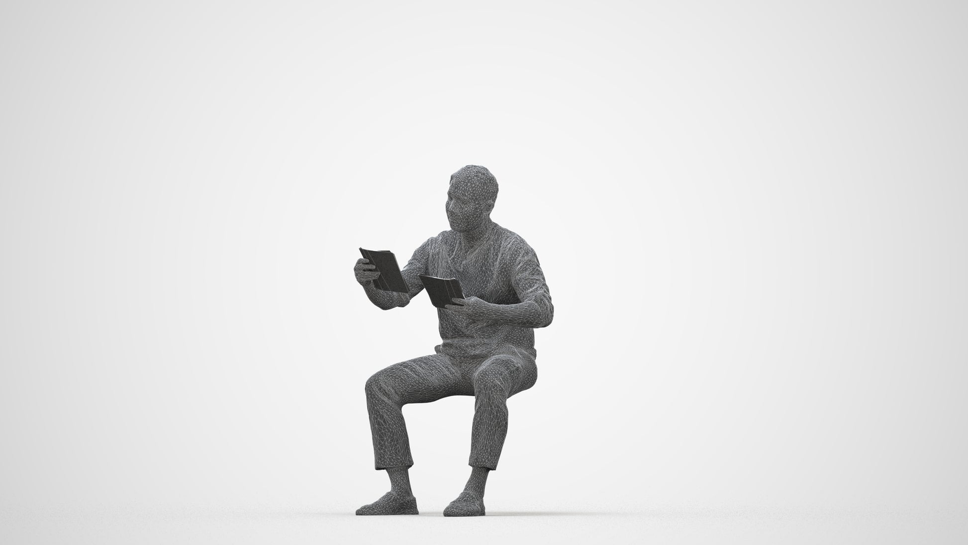 realistic 3D man casual sitting, scanned archviz people for Blender and 3ds Max, wireframe back view