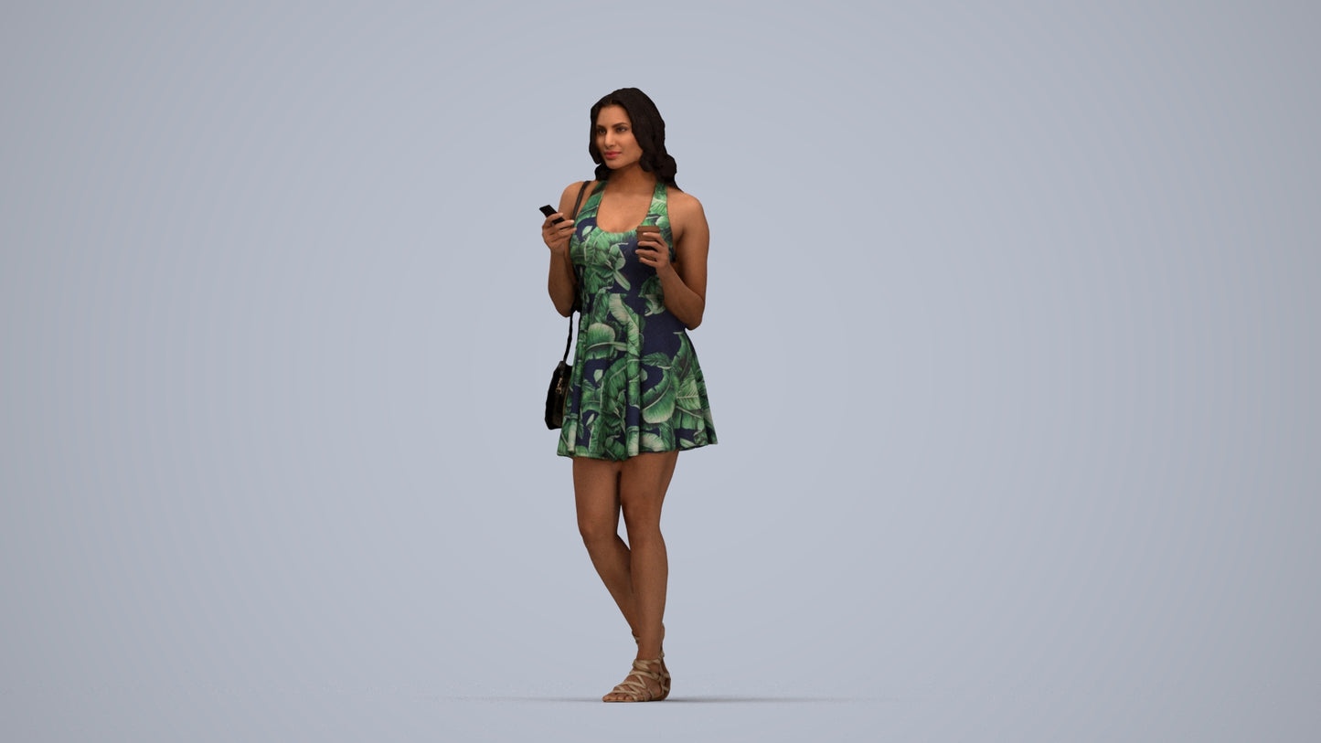 3D people model woman walking, scanned human for 3ds Max rendering, top-down view render