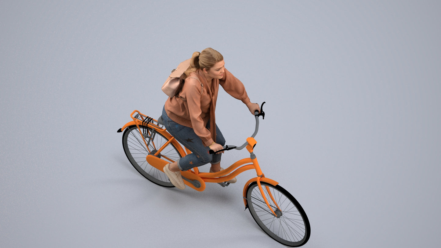 photogrammetry 3D woman casual cycling, realistic human model archviz FBX, back view render