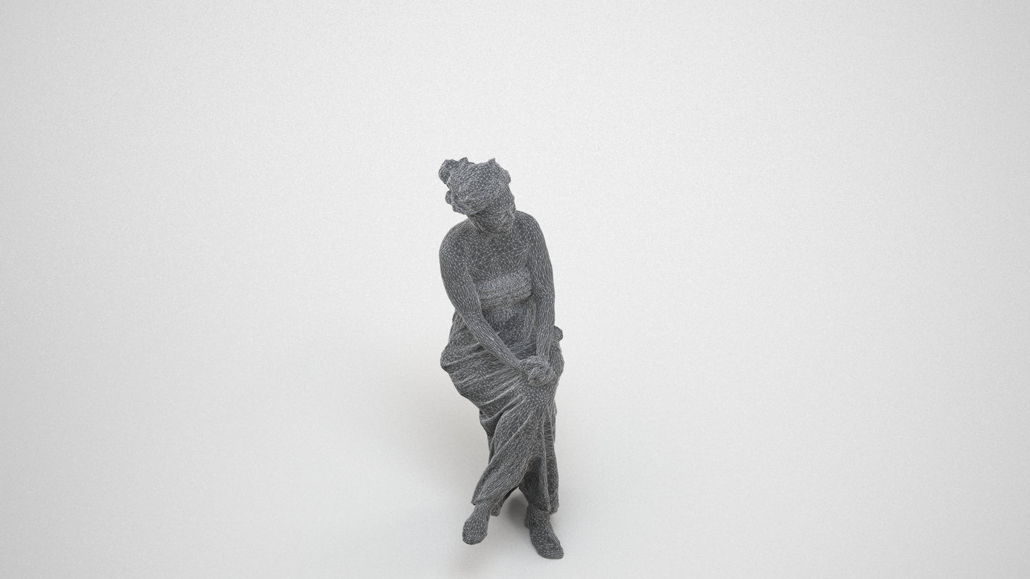 photogrammetry 3D woman casual sitting, realistic human model archviz FBX, wireframe three-quarter view