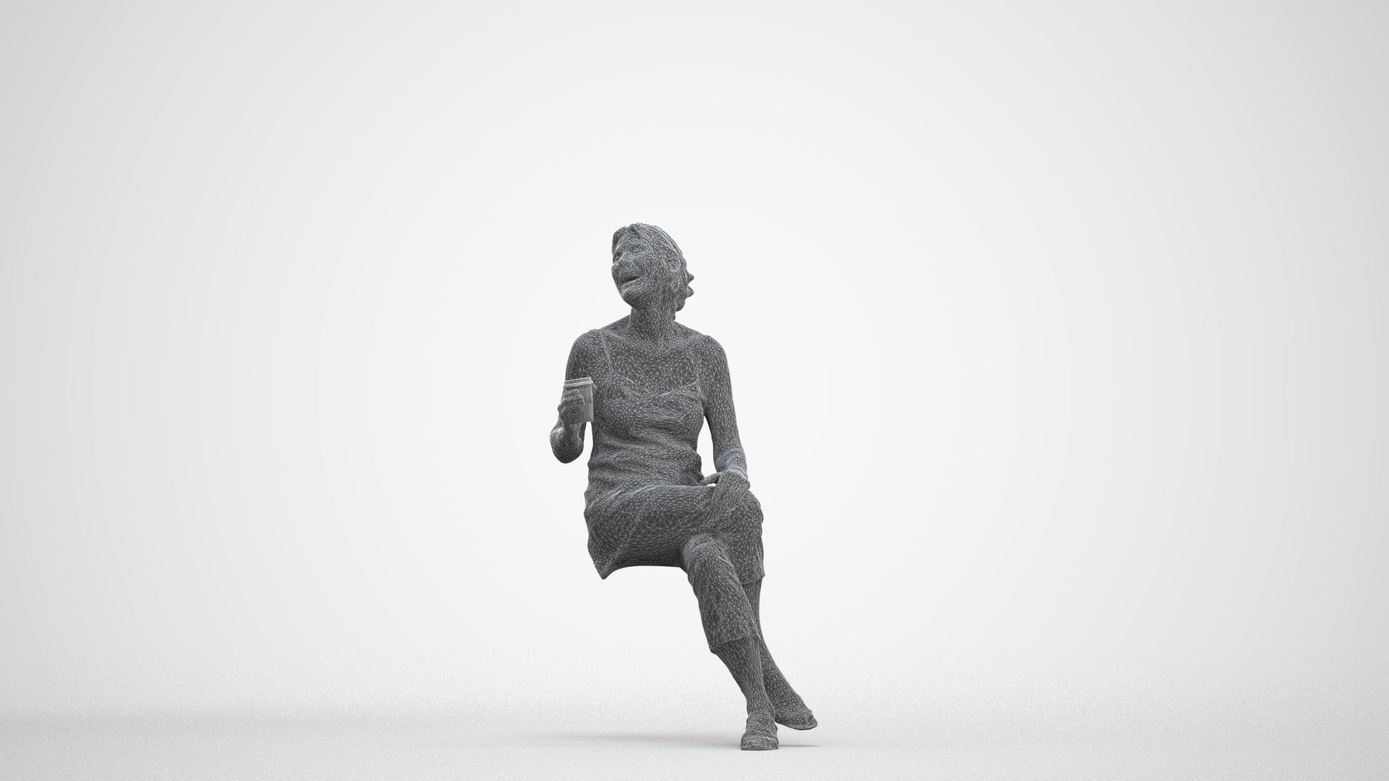 realistic 3D senior woman casual sitting, scanned archviz people for Blender and 3ds Max, three-quarter front view render