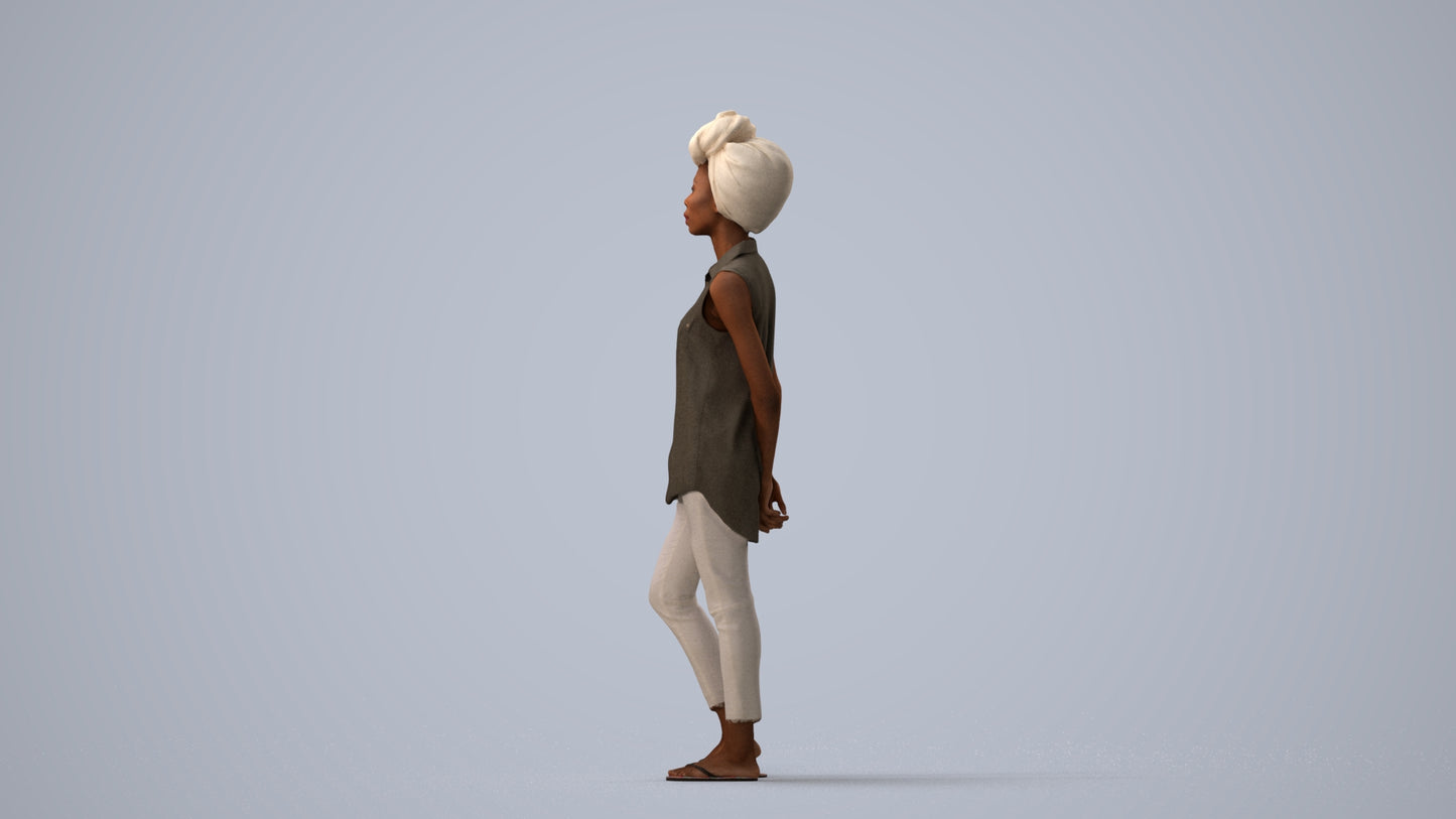 3D human model woman casual standing, photogrammetry scanned person for archviz, three-quarter view render
