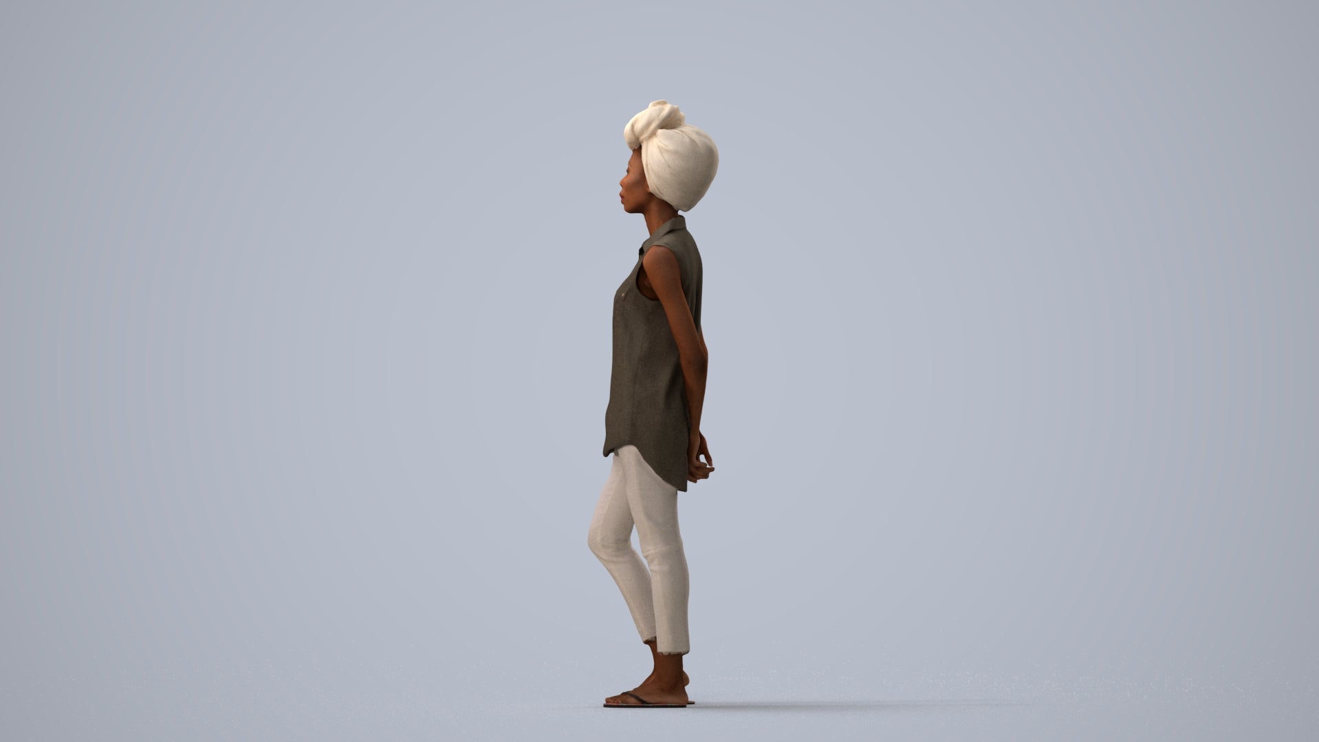 3D human model woman casual standing, photogrammetry scanned person for archviz, three-quarter view render