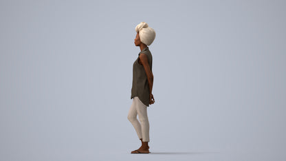 3D human model woman casual standing, photogrammetry scanned person for archviz, three-quarter view render