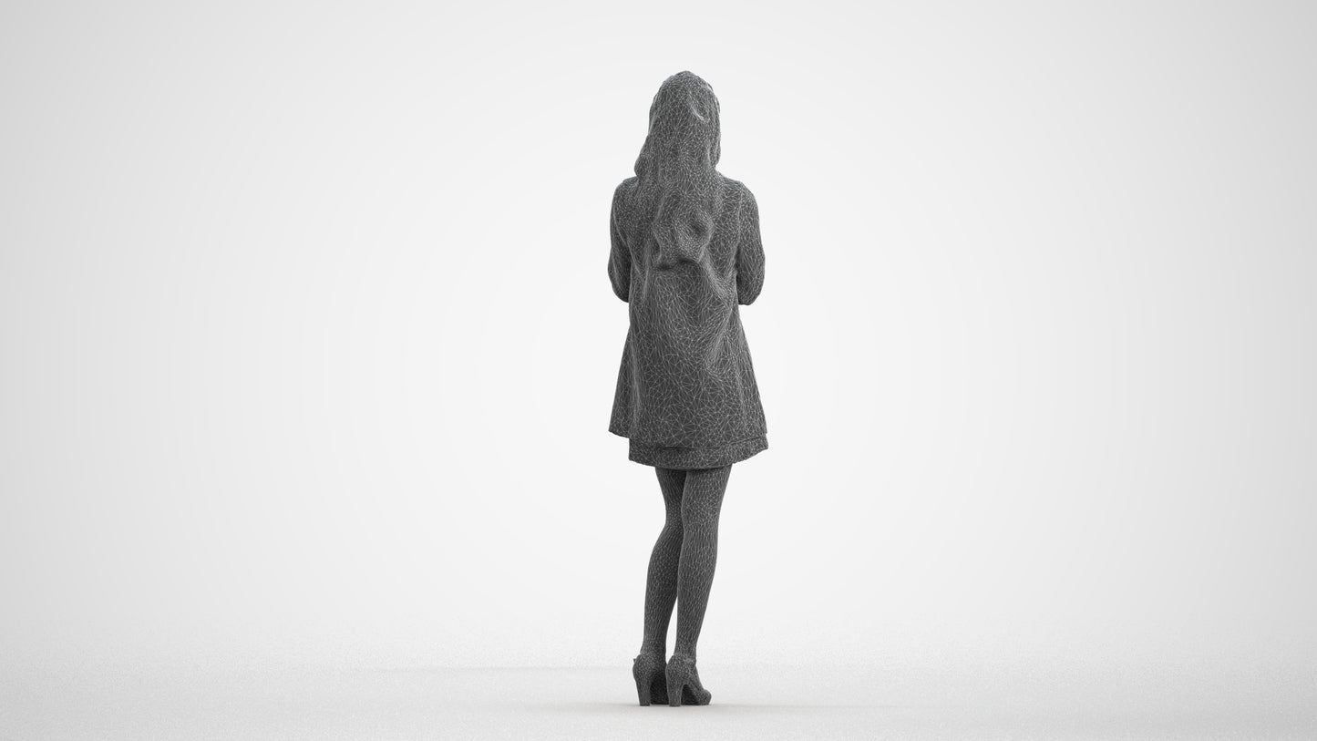 3D human model woman business standing, photogrammetry scanned person for archviz, wireframe front view