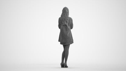3D human model woman business standing, photogrammetry scanned person for archviz, wireframe front view