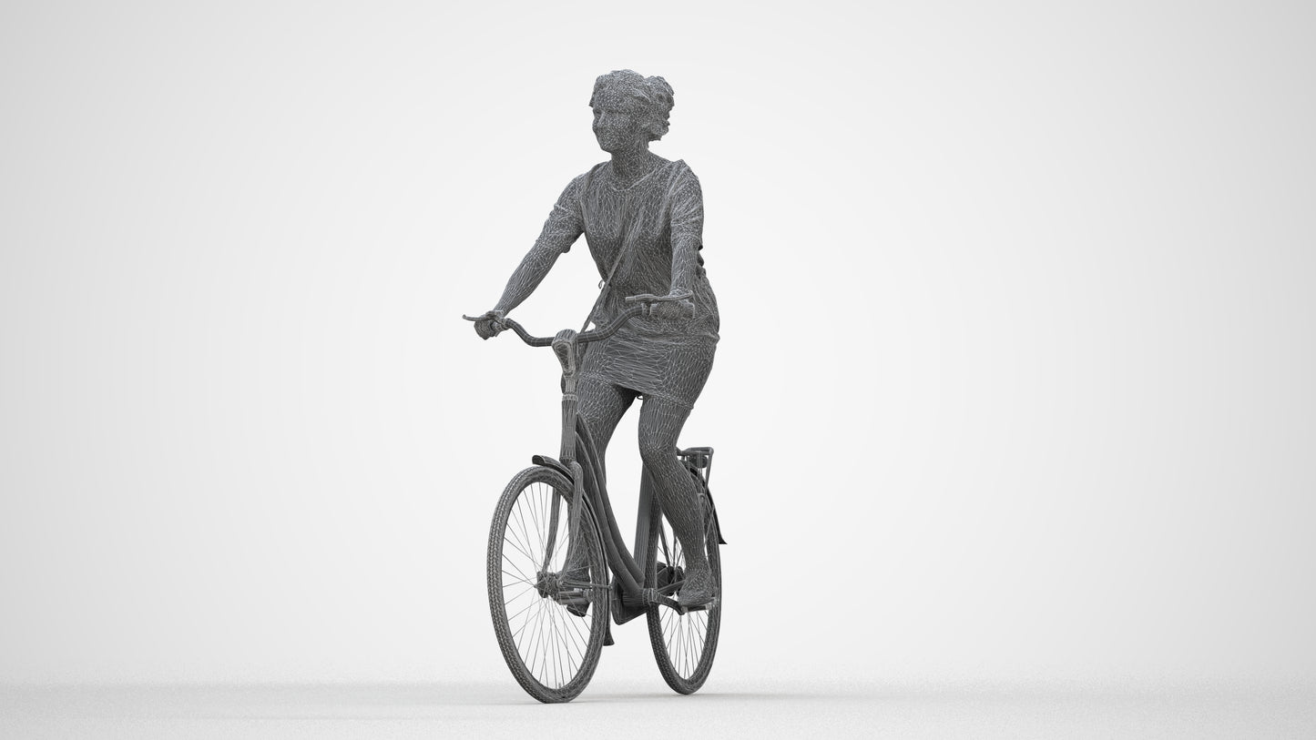 realistic 3D woman casual cycling, scanned archviz people for Blender and 3ds Max, wireframe back view