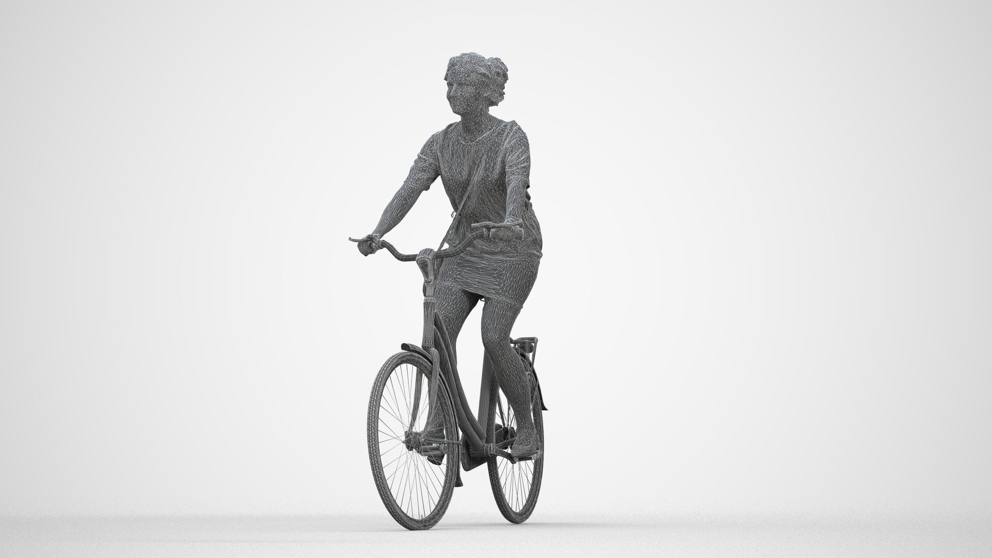 realistic 3D woman casual cycling, scanned archviz people for Blender and 3ds Max, wireframe back view
