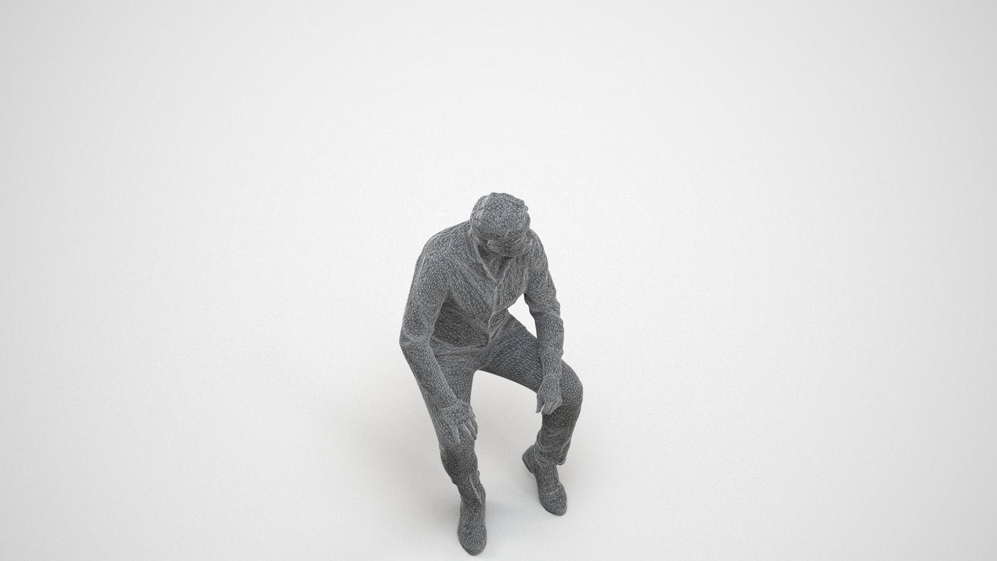 3D scanned man sitting casual, photorealistic archviz people for Enscape and SketchUp, wireframe three-quarter view