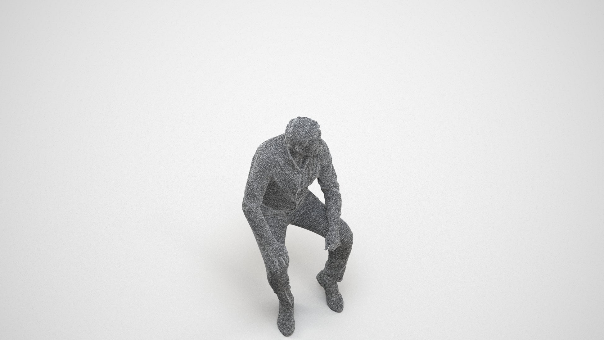 3D scanned man sitting casual, photorealistic archviz people for Enscape and SketchUp, wireframe three-quarter view