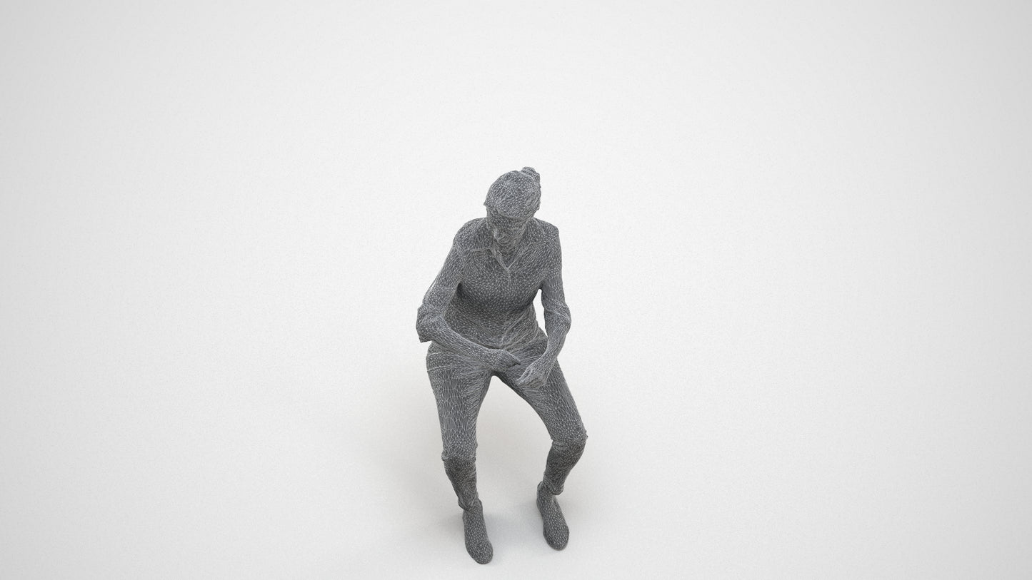 realistic 3D human woman casual sitting, archviz people FBX OBJ for Blender, wireframe three-quarter view