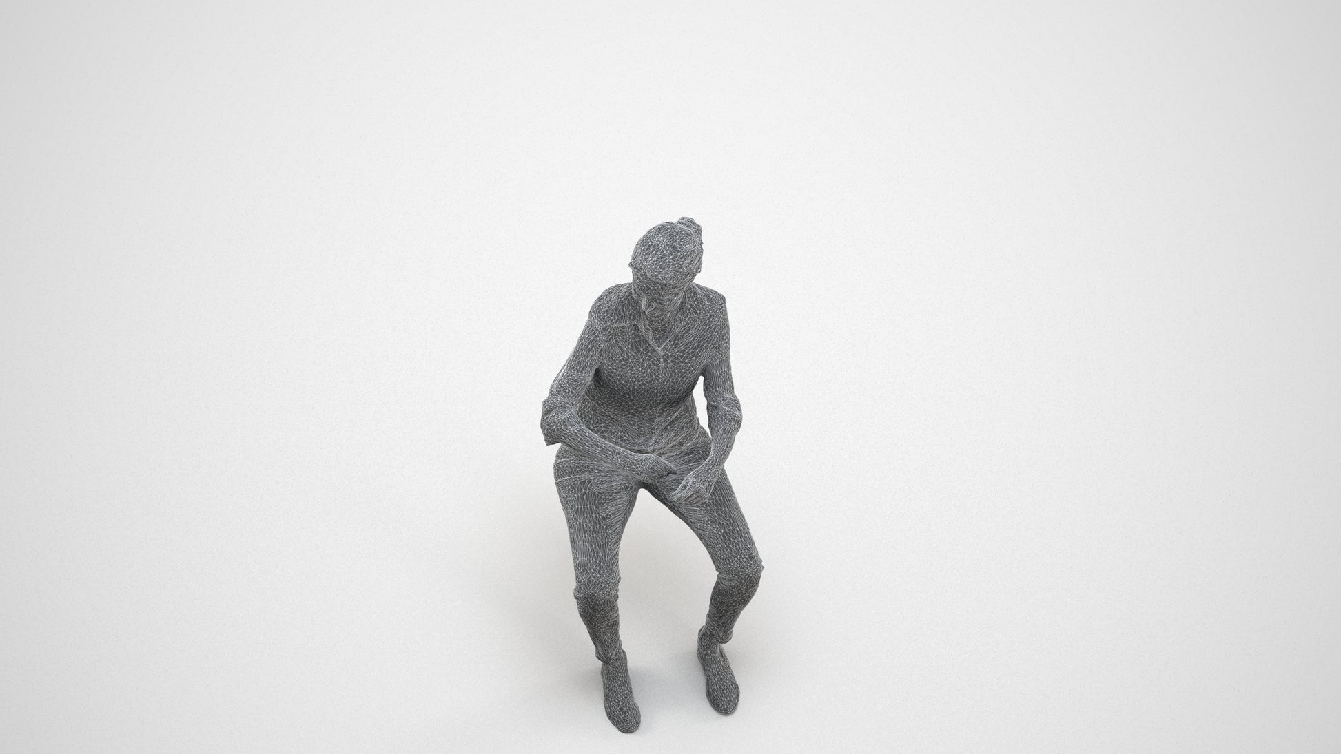 realistic 3D human woman casual sitting, archviz people FBX OBJ for Blender, wireframe three-quarter view