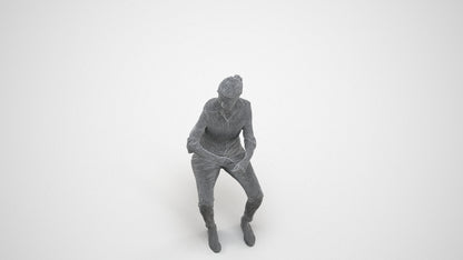 realistic 3D human woman casual sitting, archviz people FBX OBJ for Blender, wireframe three-quarter view