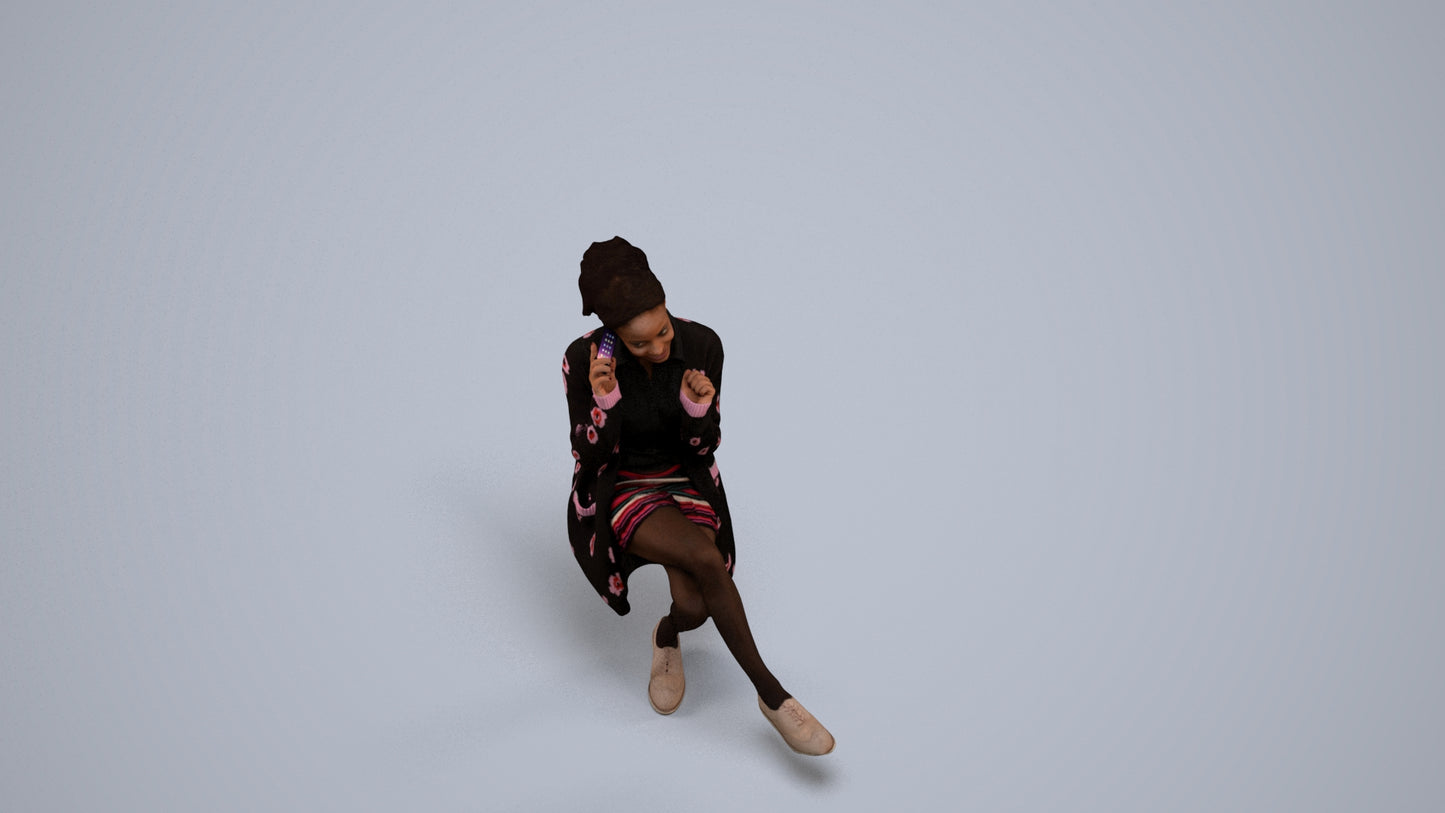realistic 3D human woman casual sitting, archviz people FBX OBJ for Blender, back view render