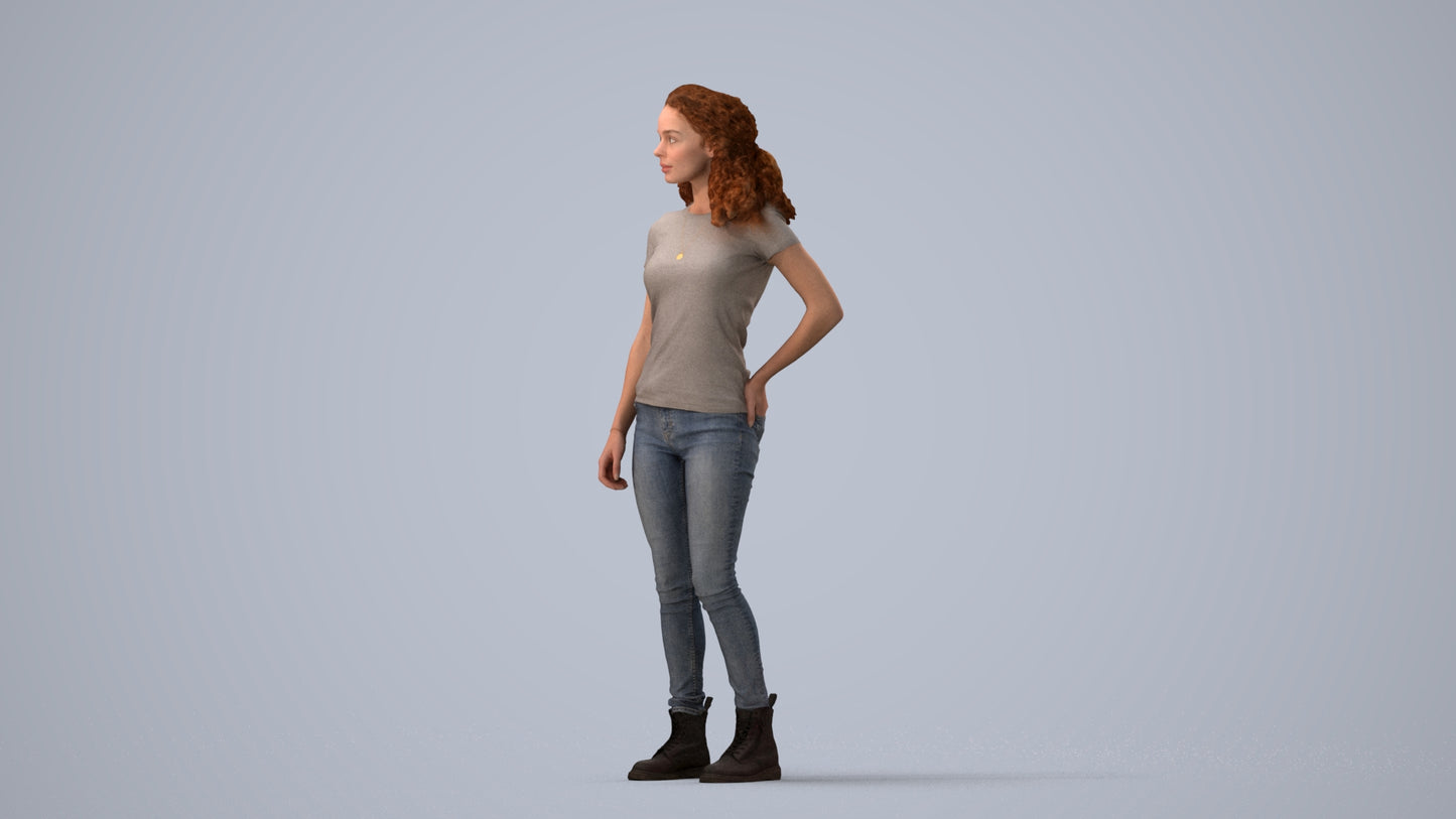 realistic 3D human woman casual standing, archviz people FBX OBJ for Blender, three-quarter view render