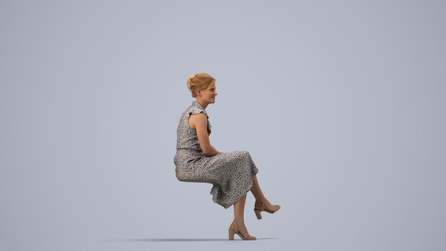 realistic 3D human woman casual sitting, archviz people FBX OBJ for Blender, side view render