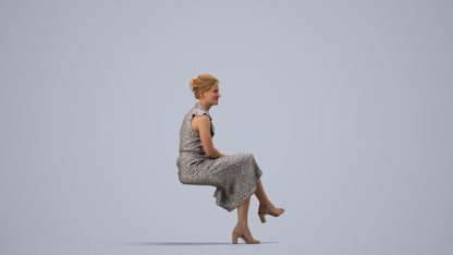 realistic 3D human woman casual sitting, archviz people FBX OBJ for Blender, side view render