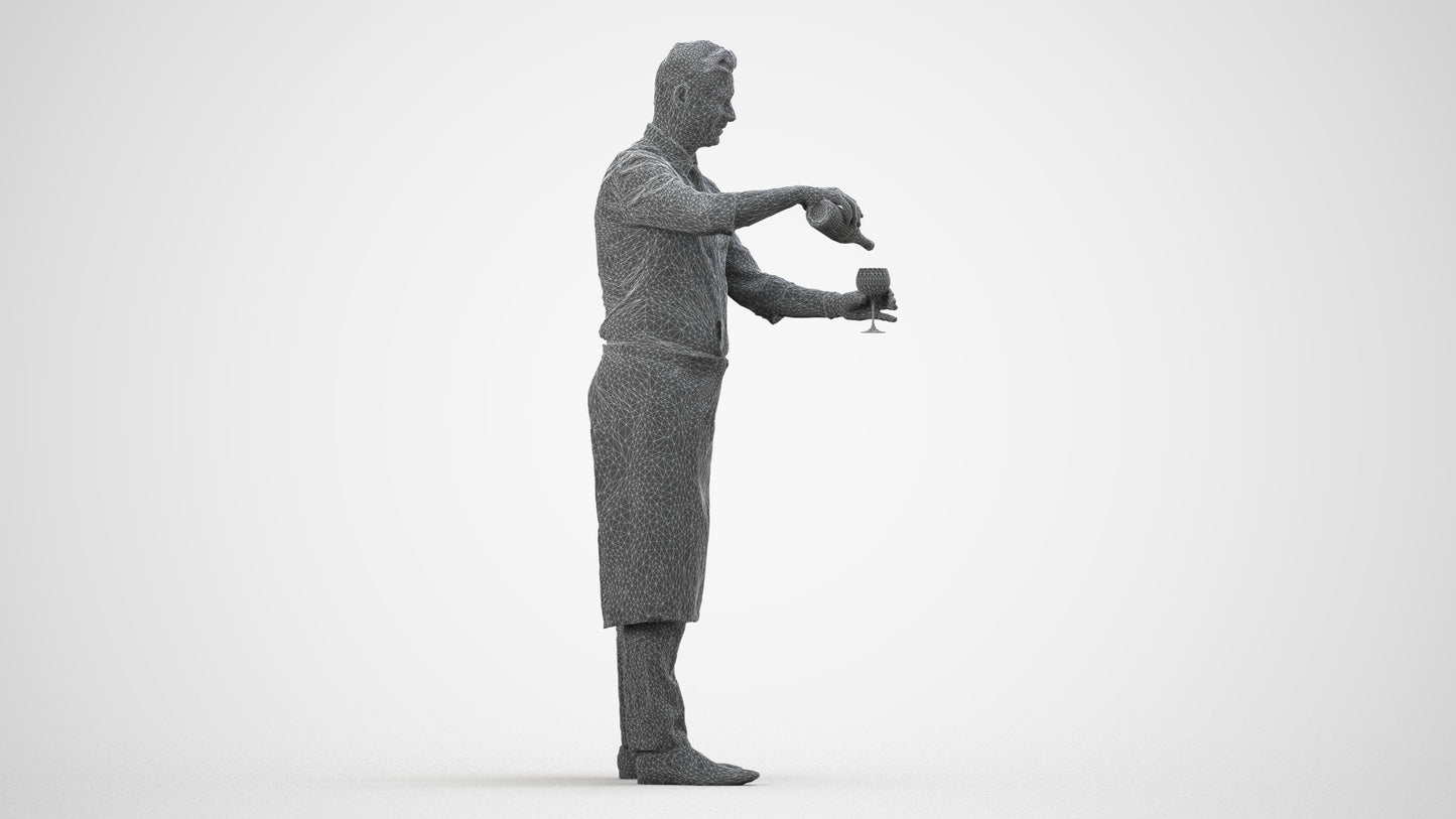 3D scanned man hospitality, photorealistic archviz people for Enscape and SketchUp, wireframe side view