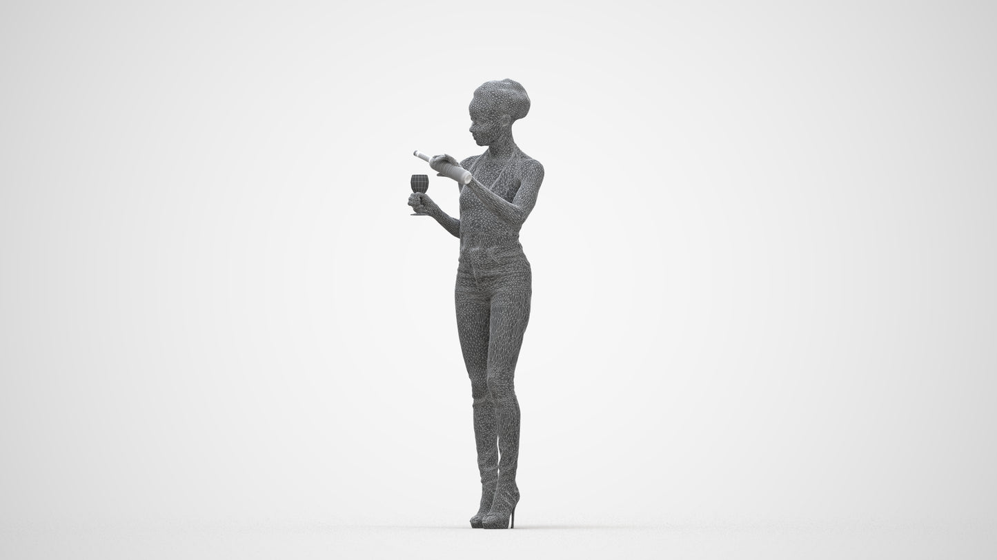realistic 3D woman casual standing, scanned archviz people for Blender and 3ds Max, wireframe back view