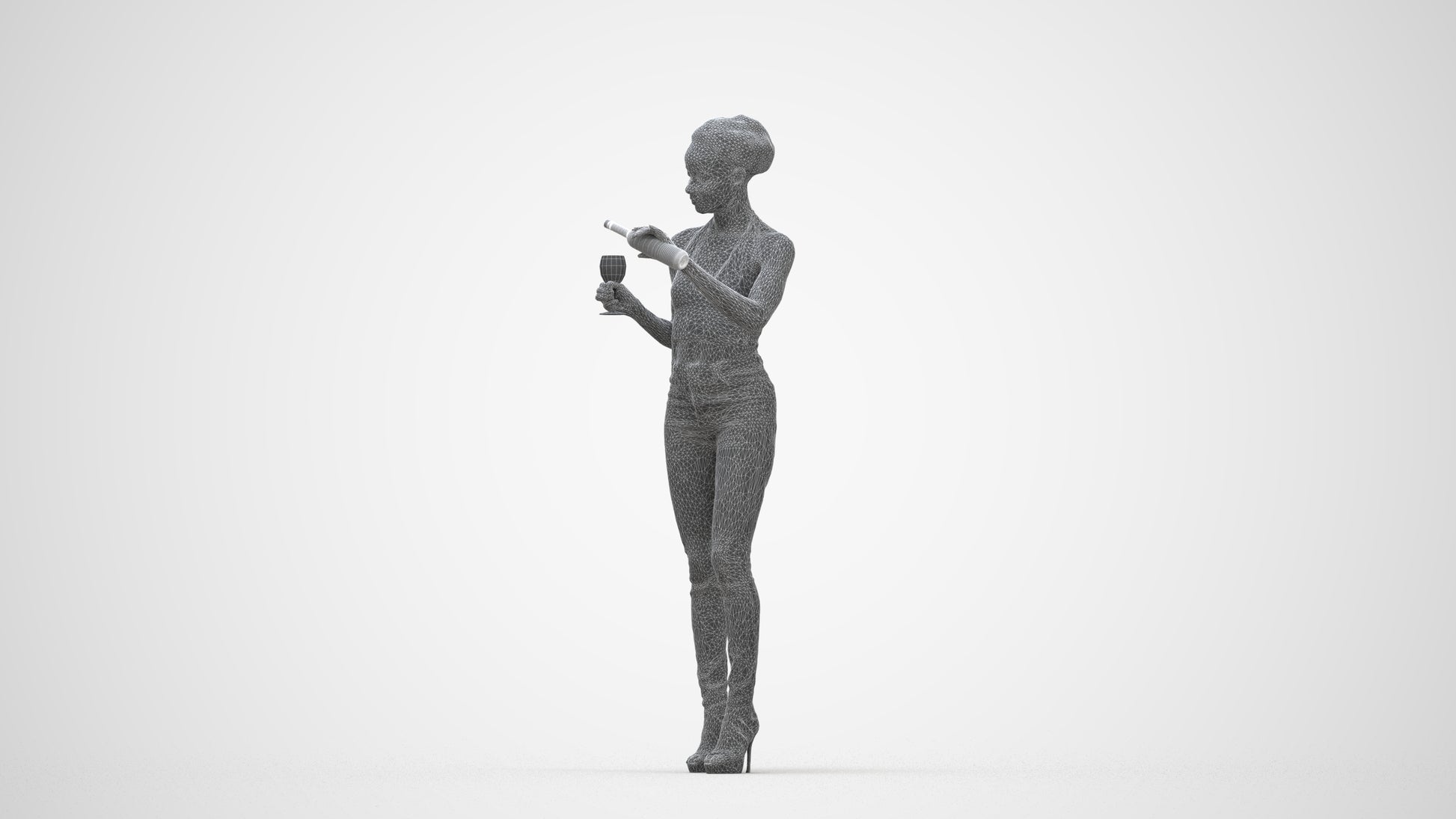 realistic 3D woman casual standing, scanned archviz people for Blender and 3ds Max, wireframe back view