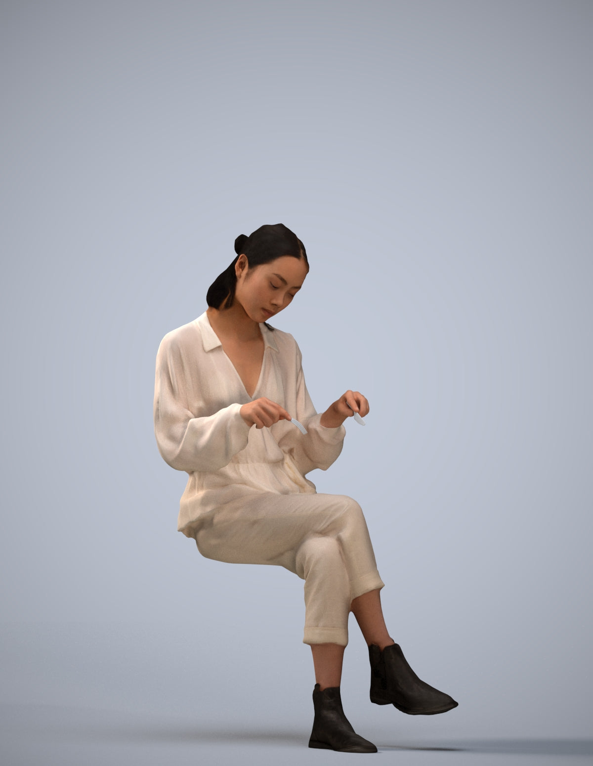 realistic 3D woman casual sitting, scanned archviz people for Blender and 3ds Max