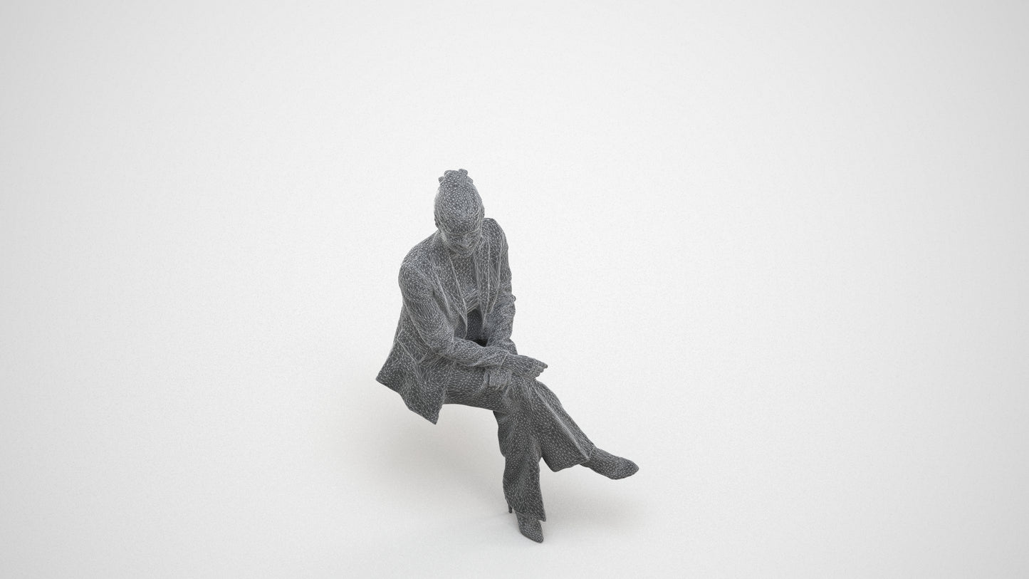 3D human model woman business sitting, photogrammetry scanned person for archviz, wireframe three-quarter view
