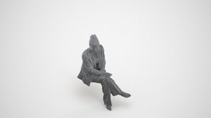 3D human model woman business sitting, photogrammetry scanned person for archviz, wireframe three-quarter view