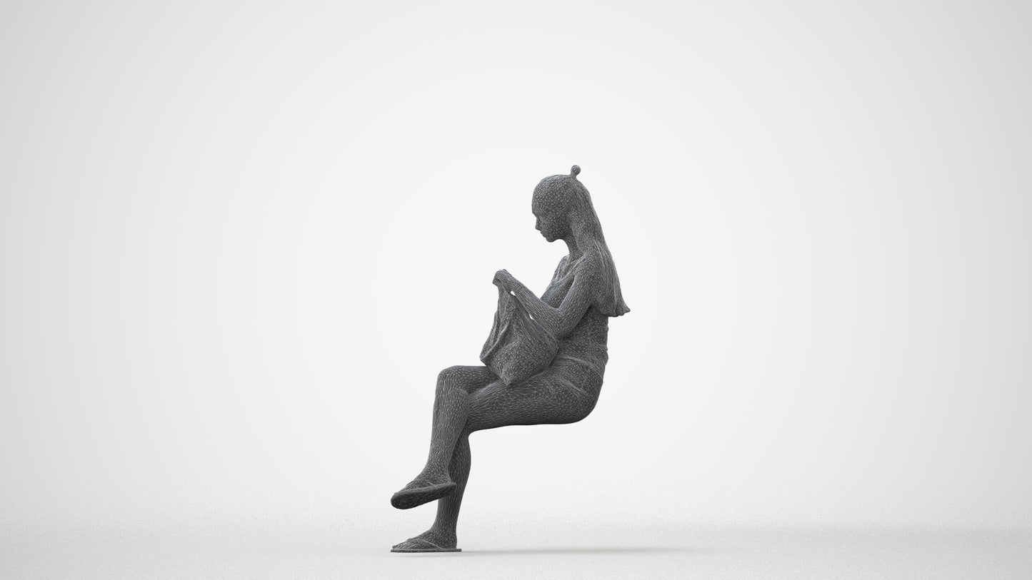 photogrammetry 3D girl casual sitting, realistic human model archviz FBX, square thumbnail