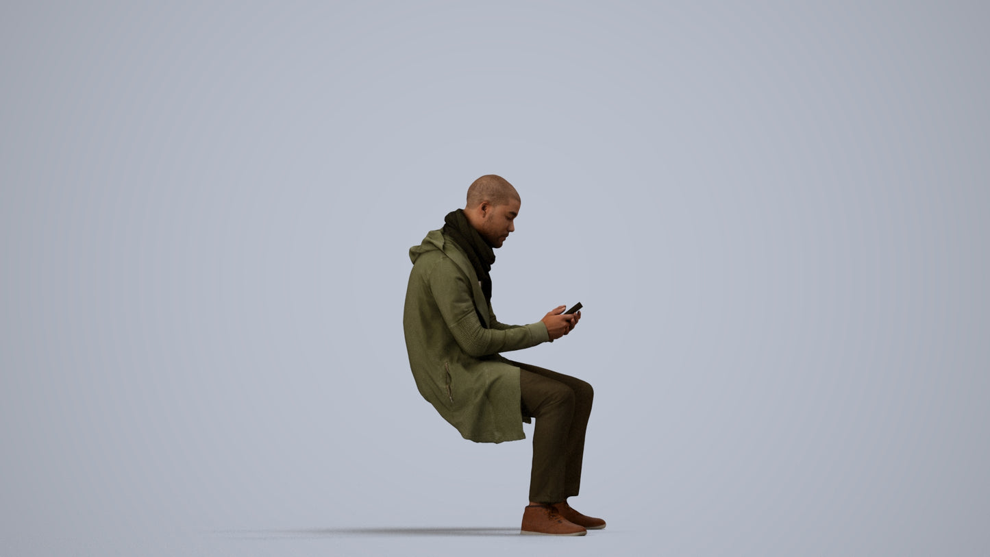 realistic 3D man casual sitting, scanned archviz people for Blender and 3ds Max, side view render