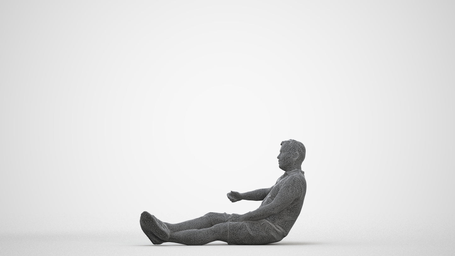 3D people model man casual sitting, scanned human for 3ds Max rendering, three-quarter front view render