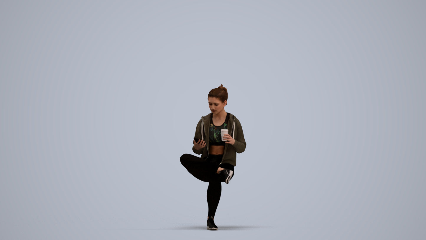 realistic 3D woman sport sitting, scanned archviz people for Blender and 3ds Max, standing pose render