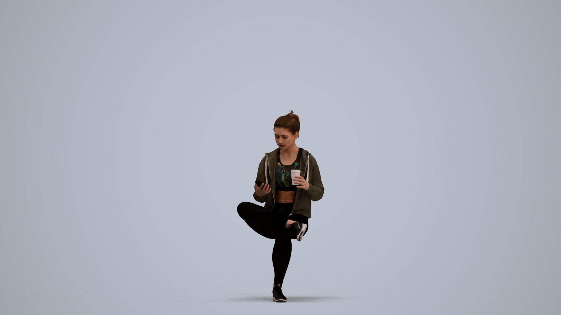 realistic 3D woman sport sitting, scanned archviz people for Blender and 3ds Max, standing pose render