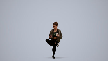 realistic 3D woman sport sitting, scanned archviz people for Blender and 3ds Max, standing pose render