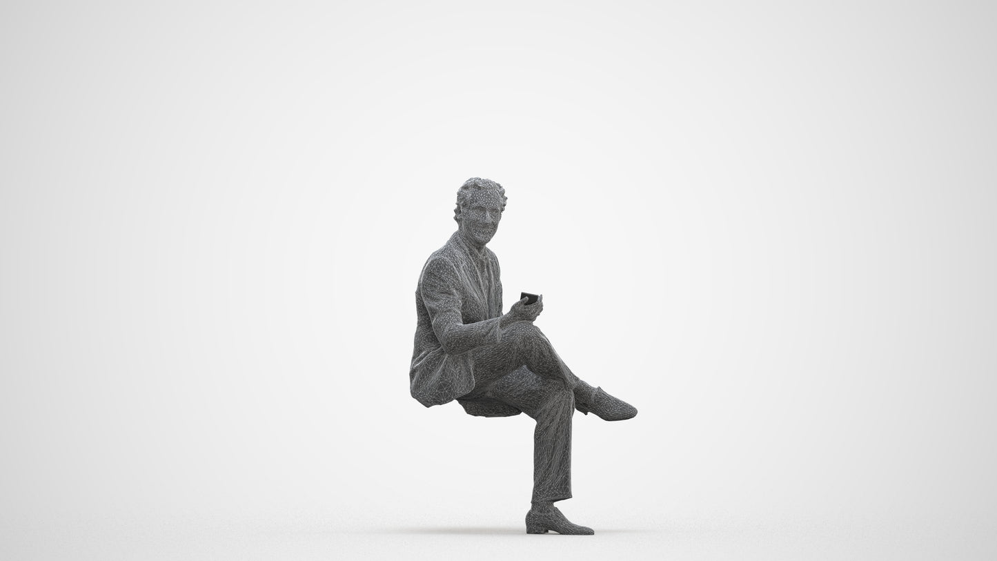 scanned 3D man business sitting, photogrammetry people for Enscape and V-Ray, three-quarter front view render