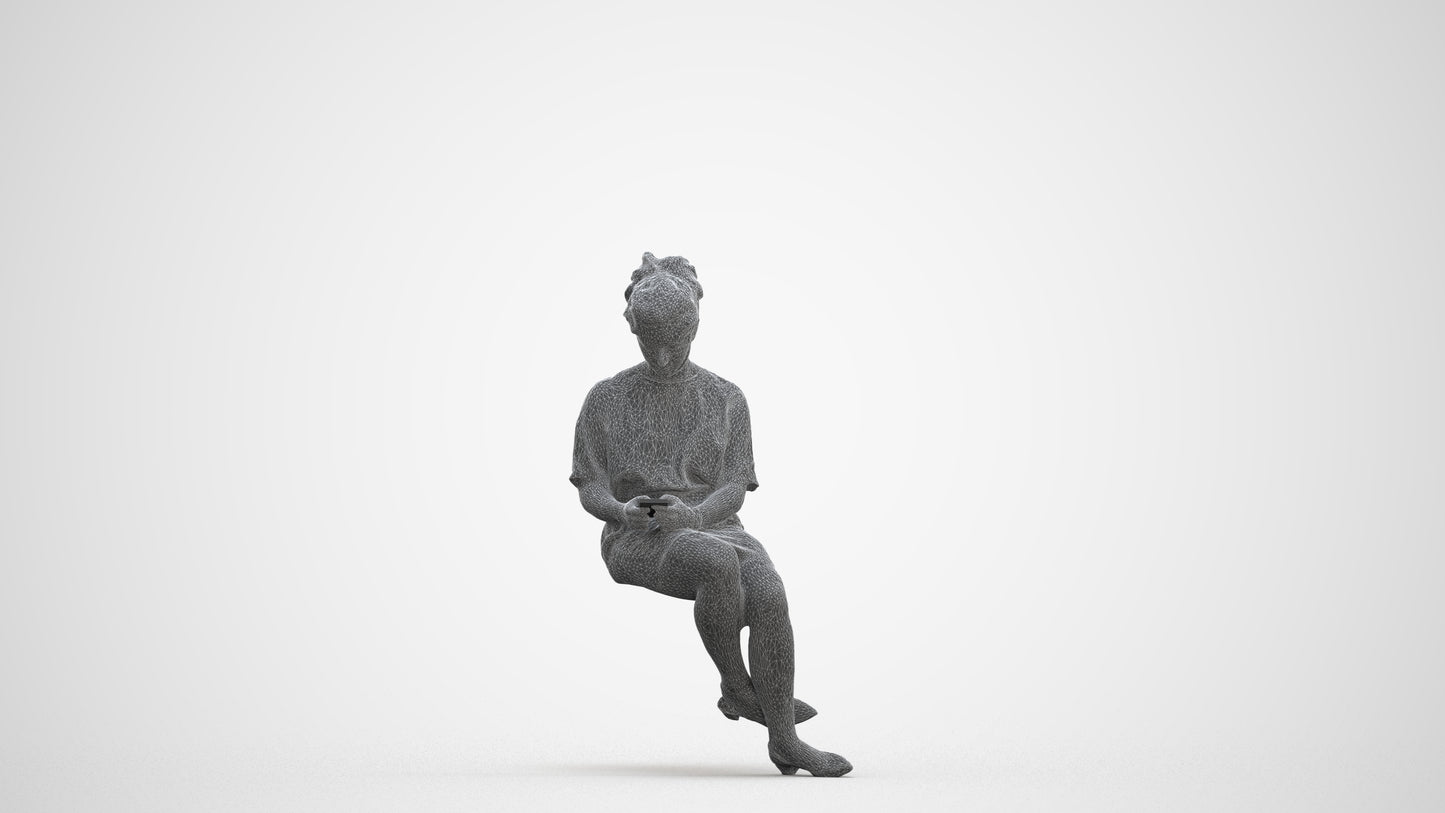 realistic 3D woman casual sitting, scanned archviz people for Blender and 3ds Max, three-quarter front view render