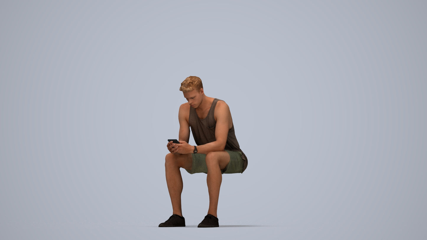 3D people model man casual sitting, scanned human for 3ds Max rendering, top-down view render