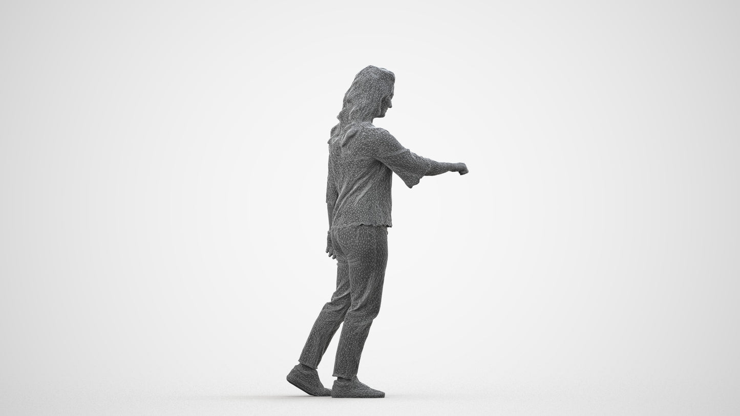 3D human model woman casual mix, photogrammetry scanned person for archviz, wireframe side view
