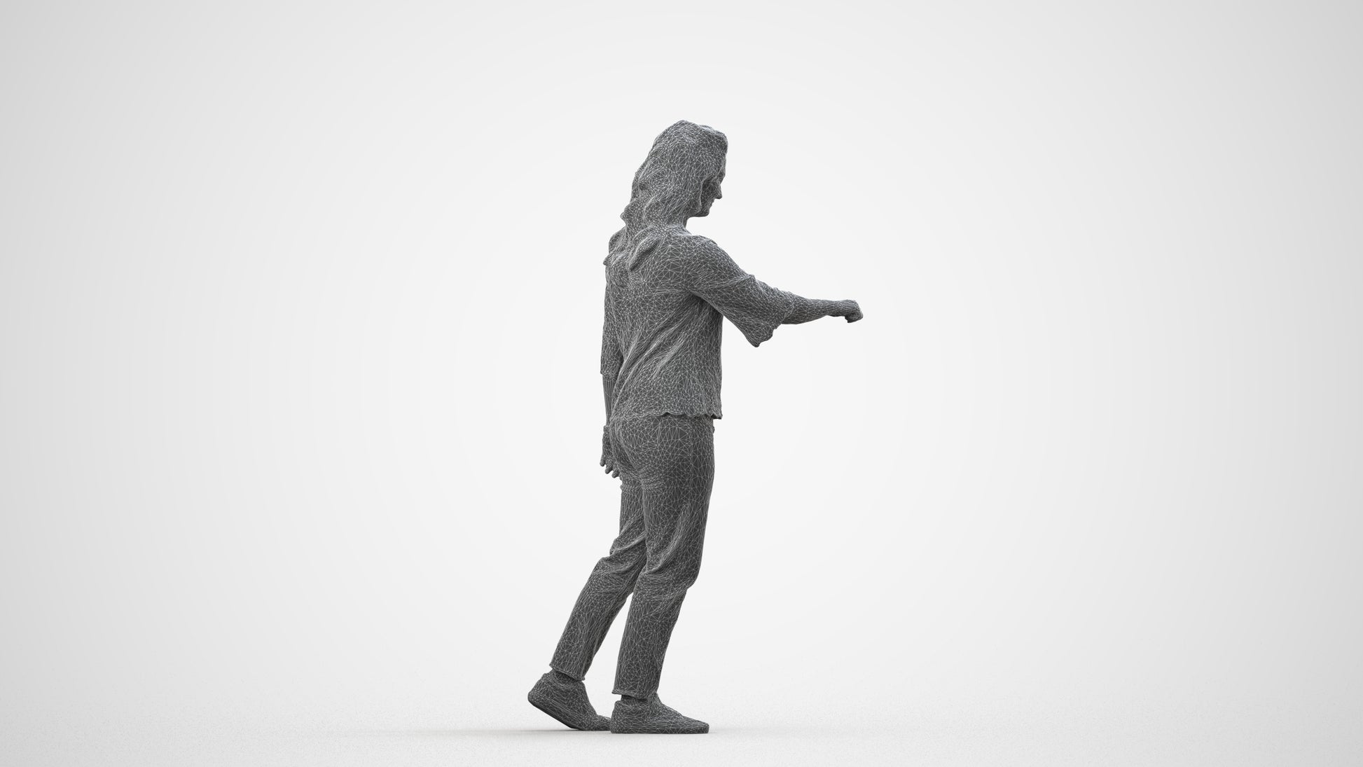 3D human model woman casual mix, photogrammetry scanned person for archviz, wireframe side view