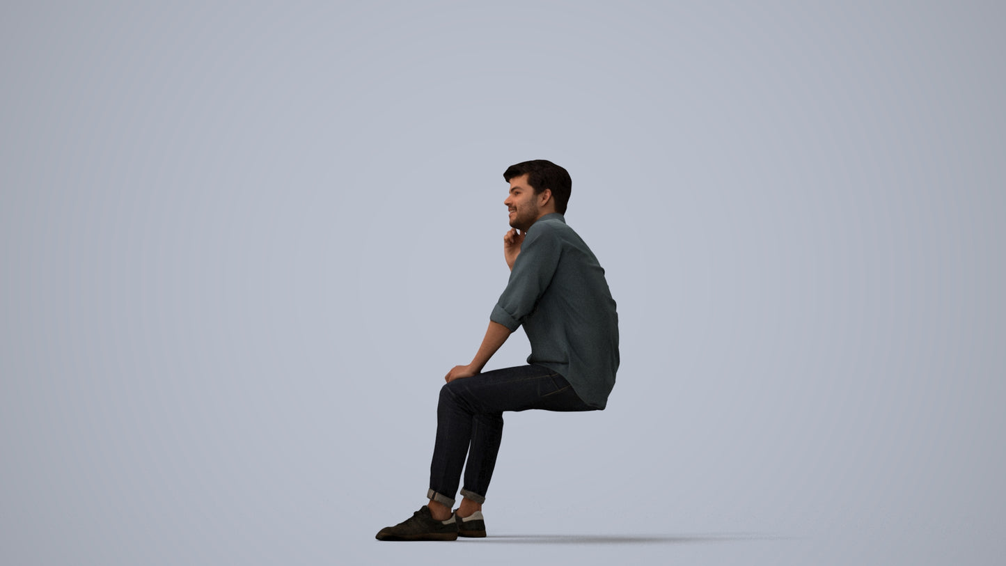 3D scanned man sitting casual, photorealistic archviz people for Enscape and SketchUp, three-quarter view render