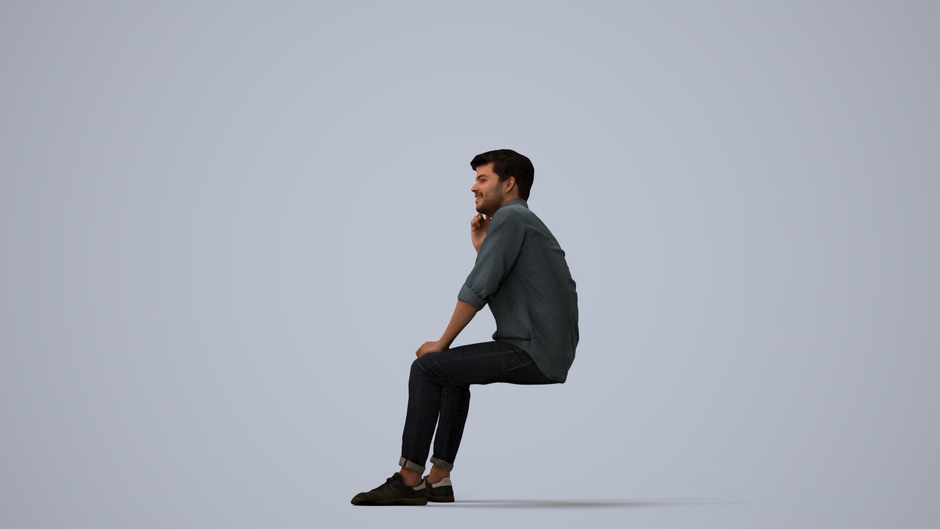 3D scanned man sitting casual, photorealistic archviz people for Enscape and SketchUp, three-quarter view render