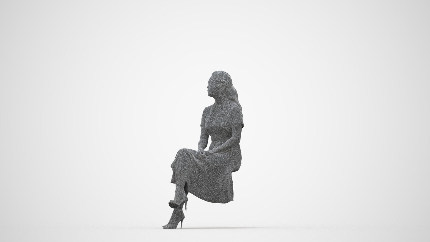 realistic 3D woman casual sitting, scanned archviz people for Blender and 3ds Max, wireframe back view