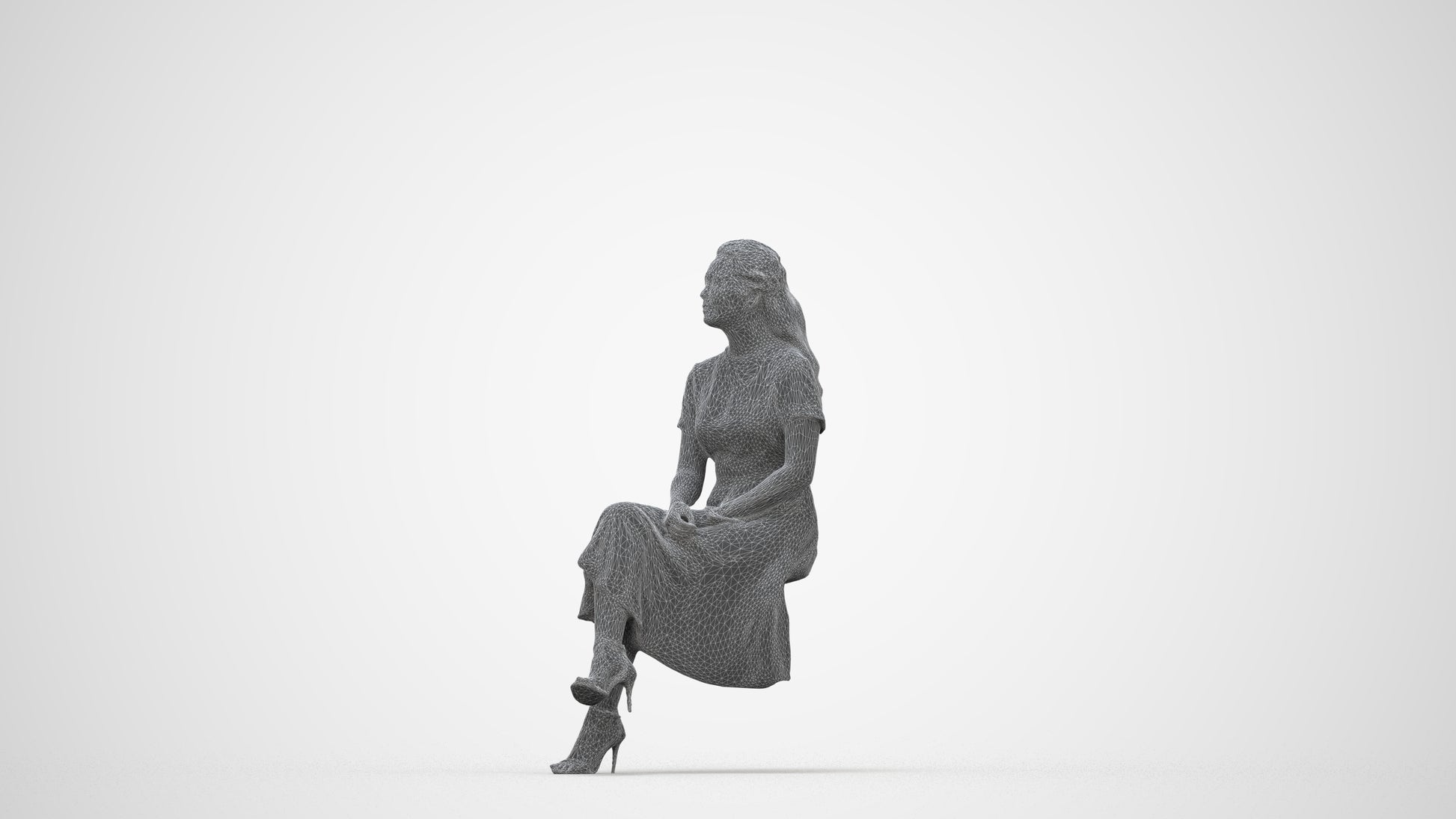 realistic 3D woman casual sitting, scanned archviz people for Blender and 3ds Max, wireframe back view