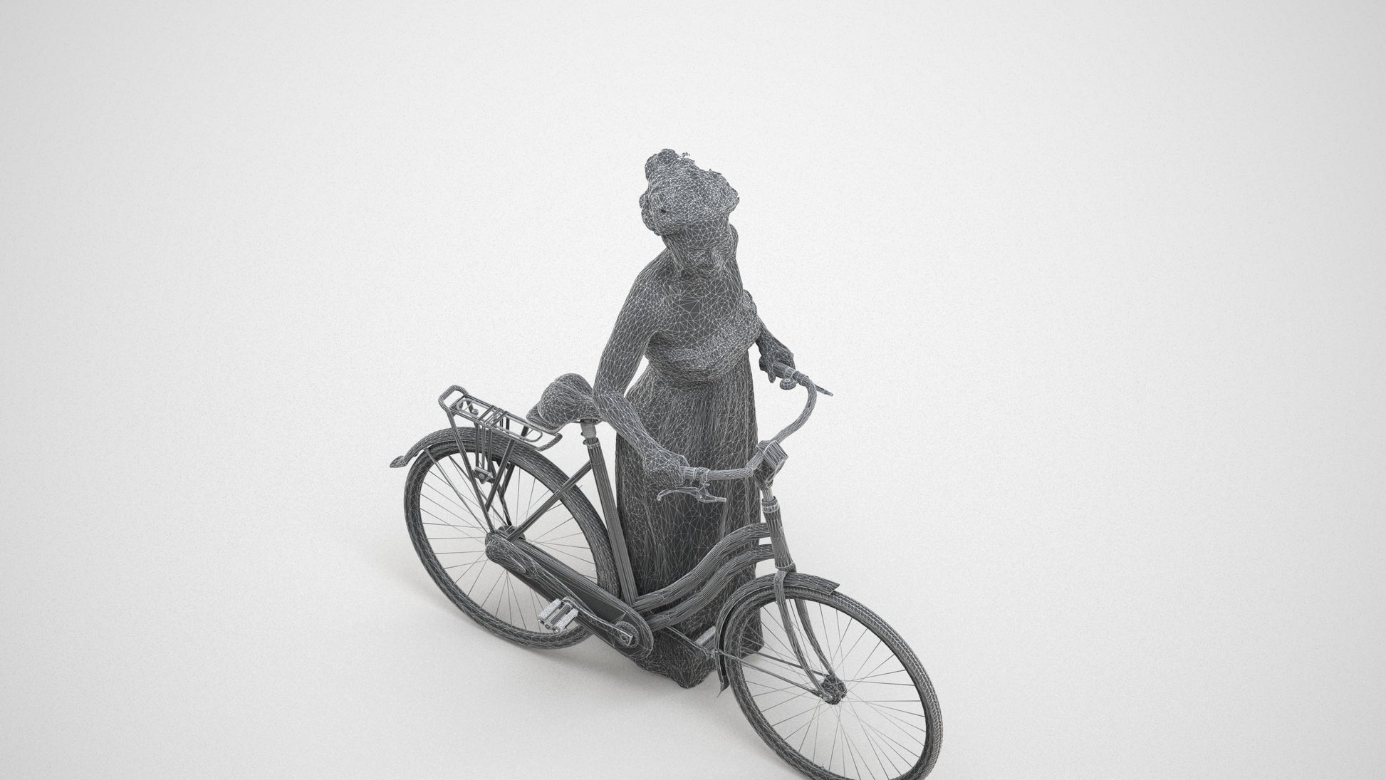 3D scanned woman cycling casual, photorealistic archviz people for Enscape and SketchUp, wireframe three-quarter view