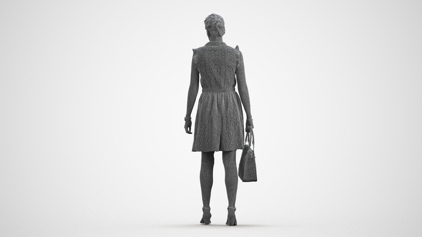 realistic 3D woman casual walking, scanned archviz people for Blender and 3ds Max, wireframe front view