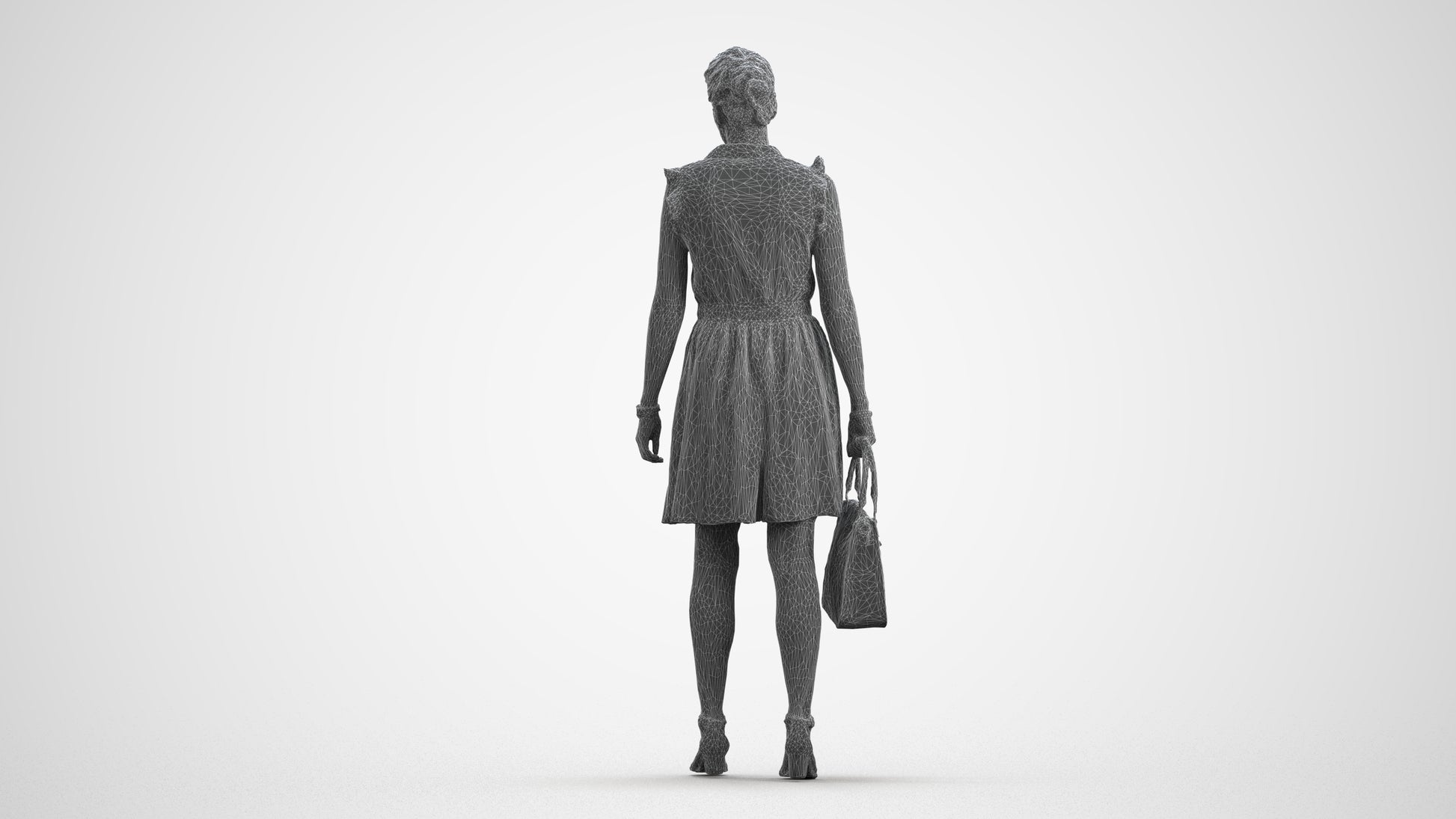 realistic 3D woman casual walking, scanned archviz people for Blender and 3ds Max, wireframe front view