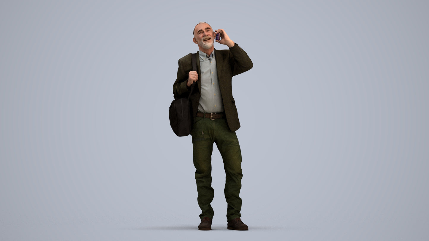 3D people model senior man casual standing, scanned human for 3ds Max rendering, standing pose render
